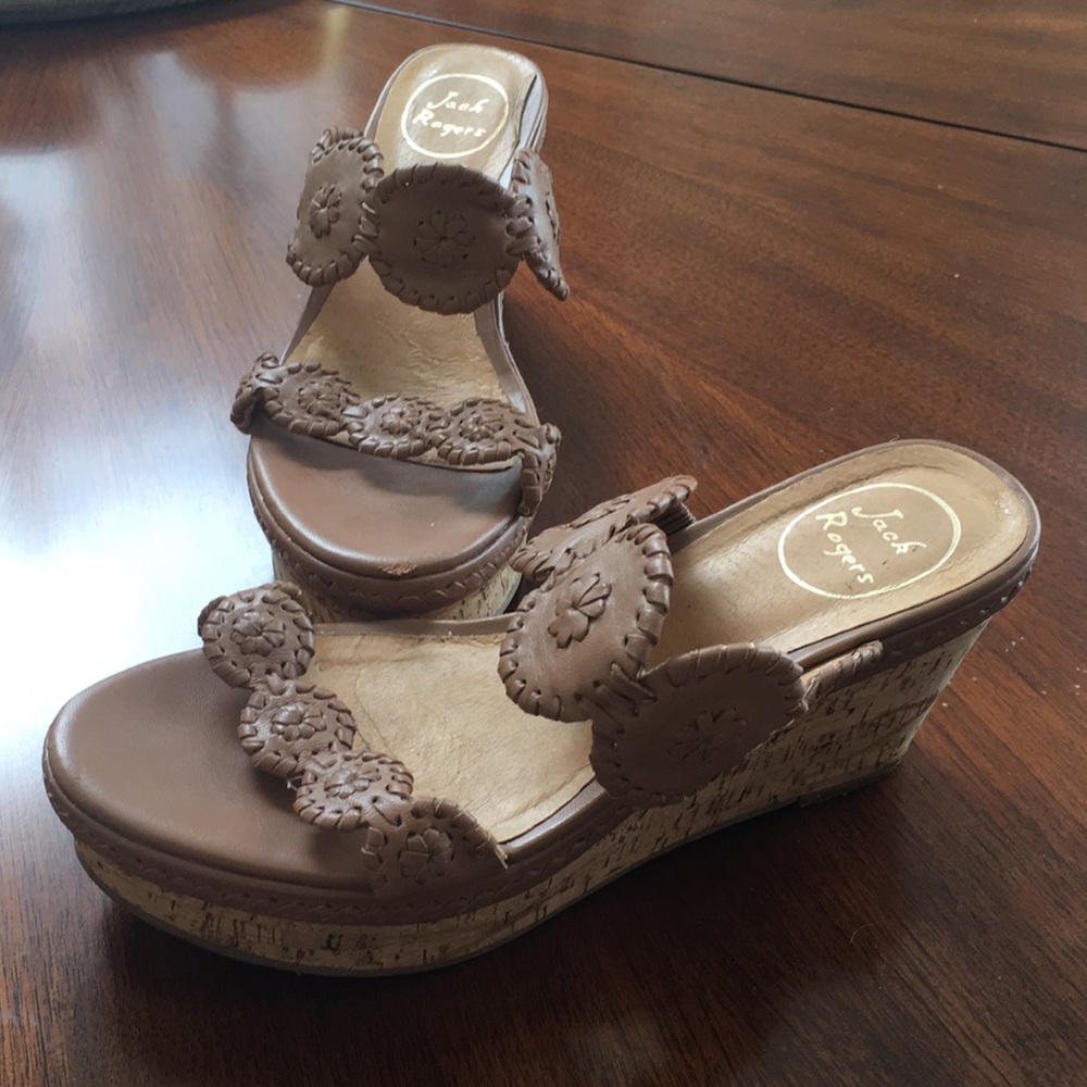 Jack Rogers Tan Leather Cork Wedge Sandals